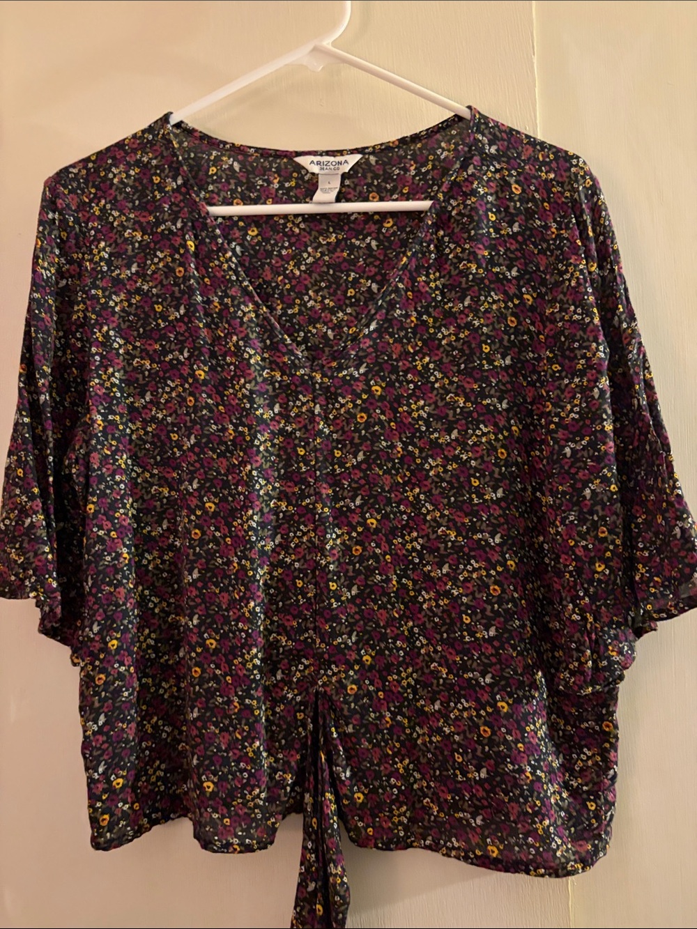 Arizona Jean Company Black Floral V-Neck Tie-Front Top with Purple Accents